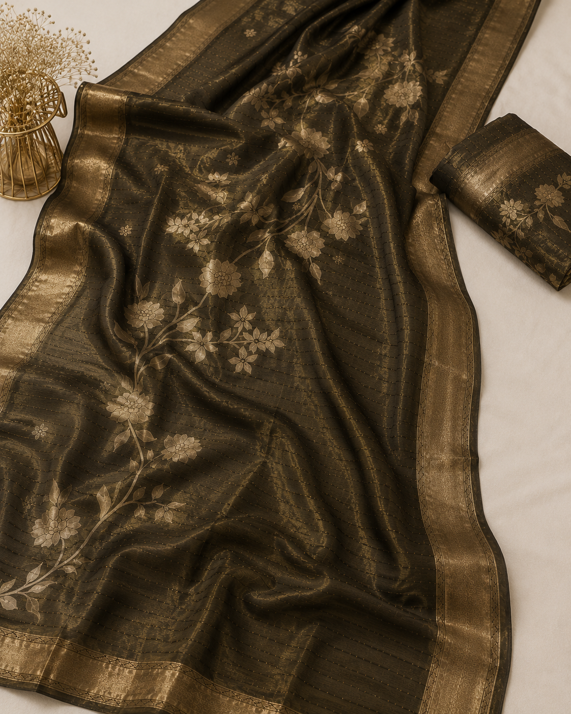 Ashvastra Rajwada Olive Floral Dupatta - Back View