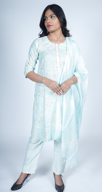 Light Aqua Blue Jacquard Kurti, Pant & Dupatta Set – Premium Ethnic Wear for Women