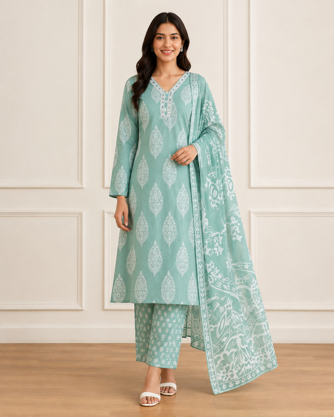 Ashvastra Mehreen Mint Printed Suit Set - Front View