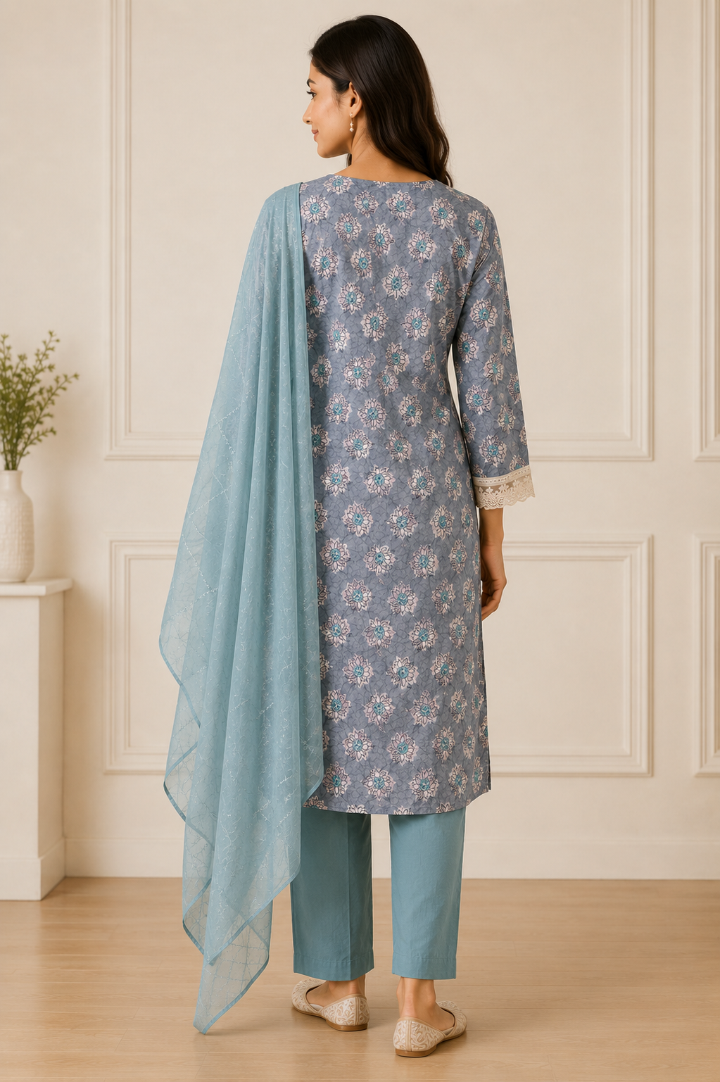 Ashvastra Gulabo Neel Floral Cotton Suit Set - Back View