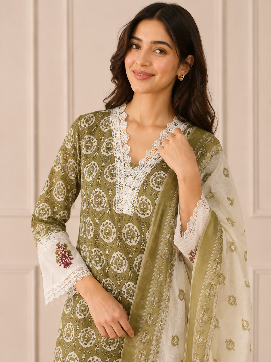 Ashvastra Meher Olive Cotton Set - Front View