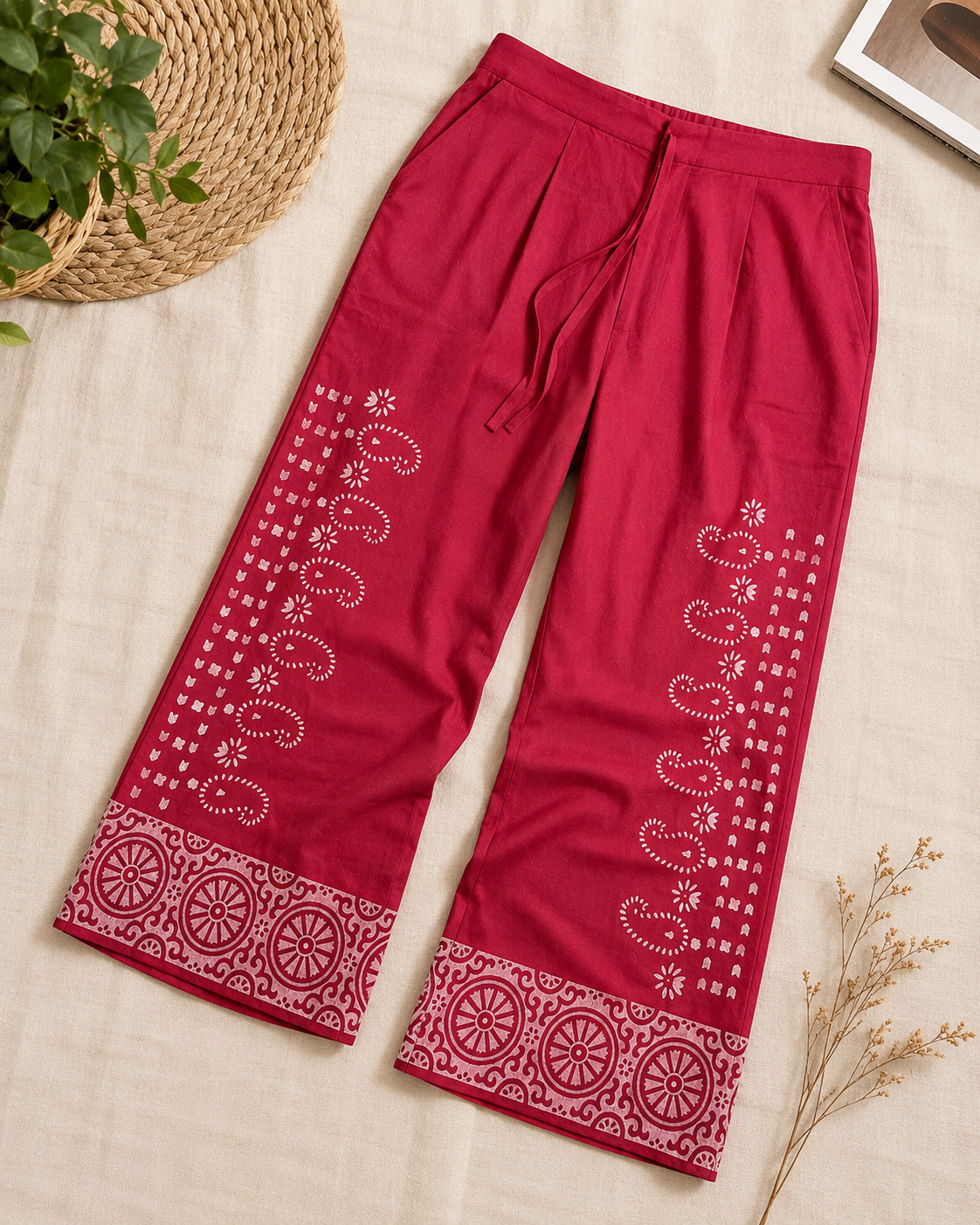 Dark Pink Cotton Printed Pants