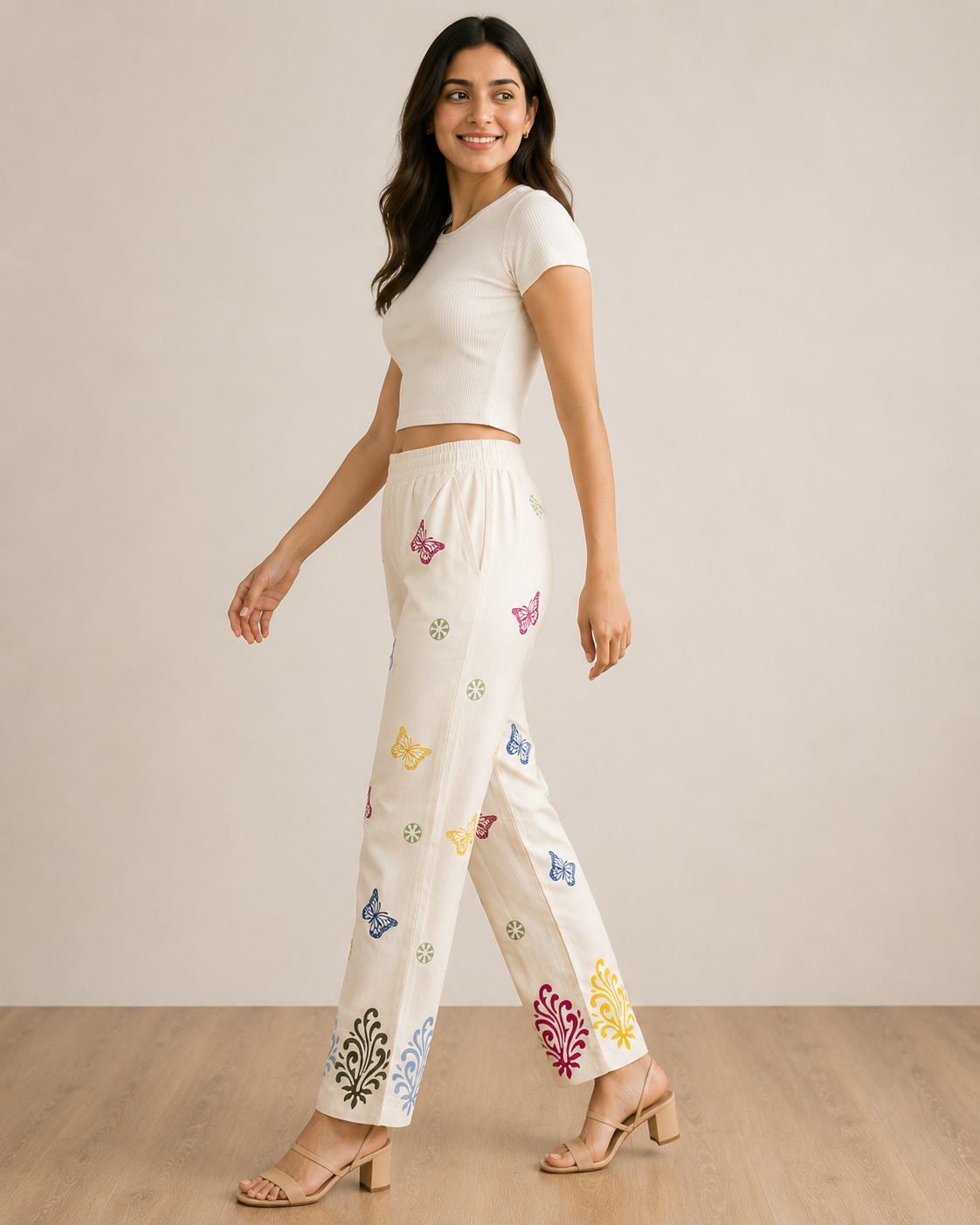 White Cotton Printed Pant