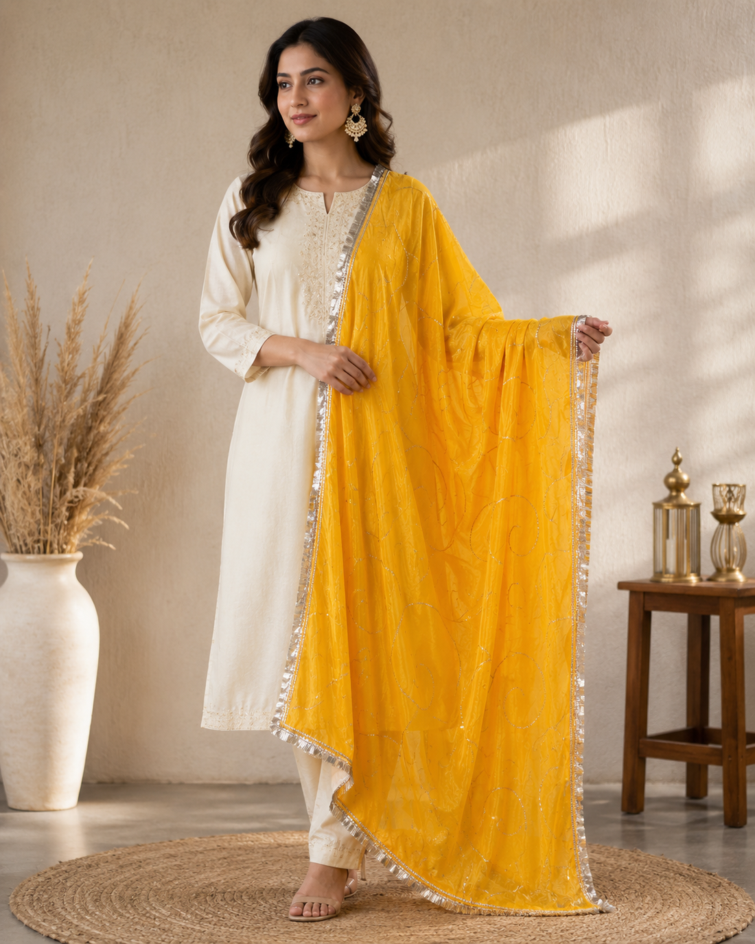 Ashvastra Kesari Noor Yellow Dupatta - Front View