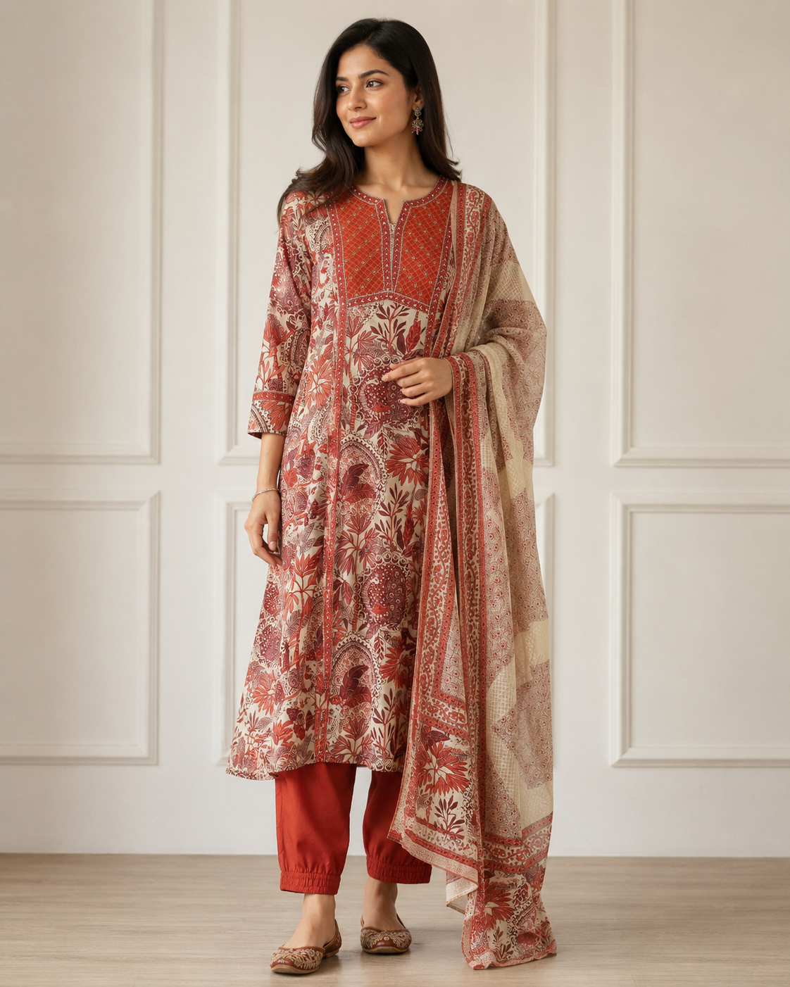 Ashvastra Gulnaar Rust Cotton Suit Set - Close-up View