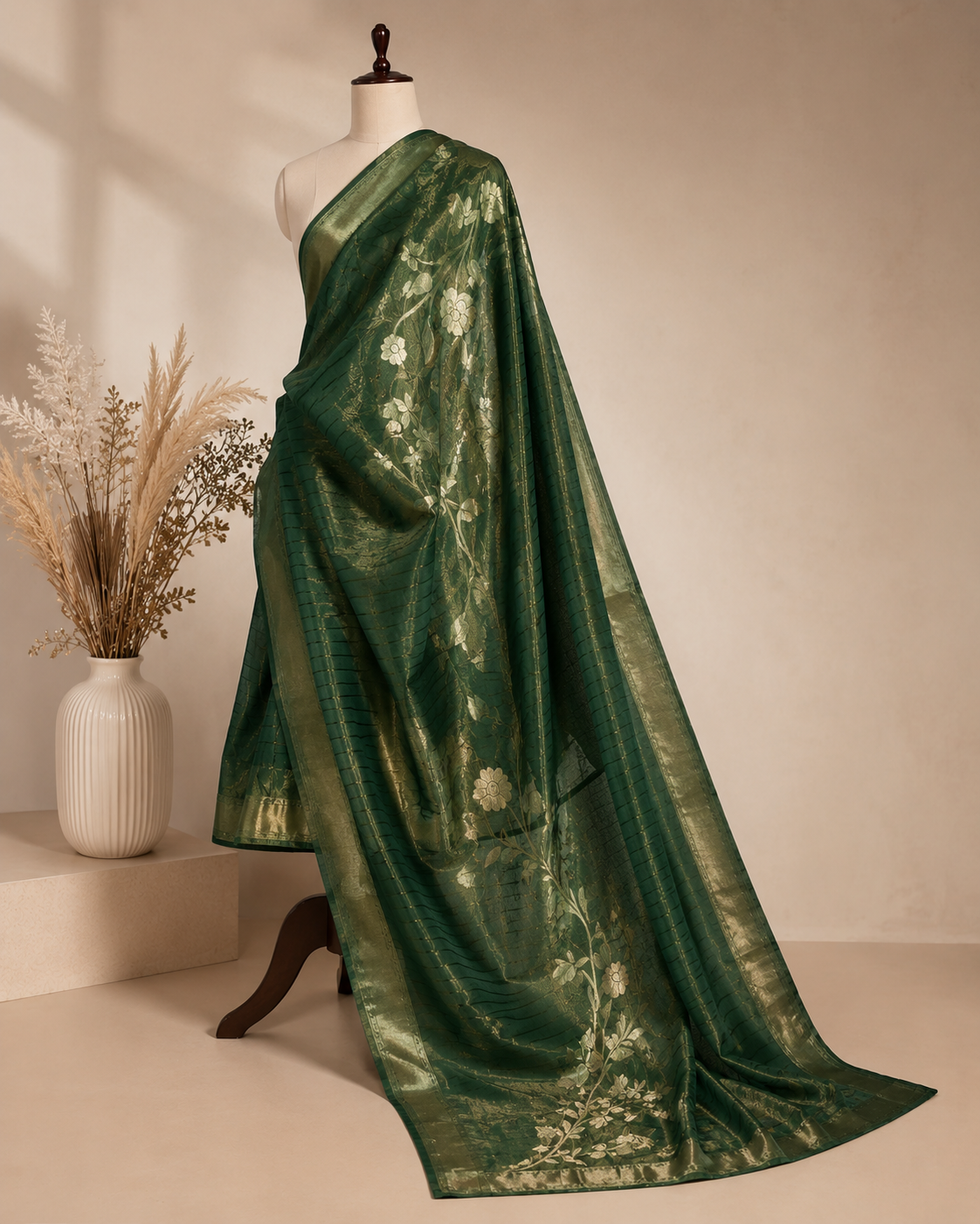 Ashvastra Rajwada Green Floral Woven Dupatta - Styling View