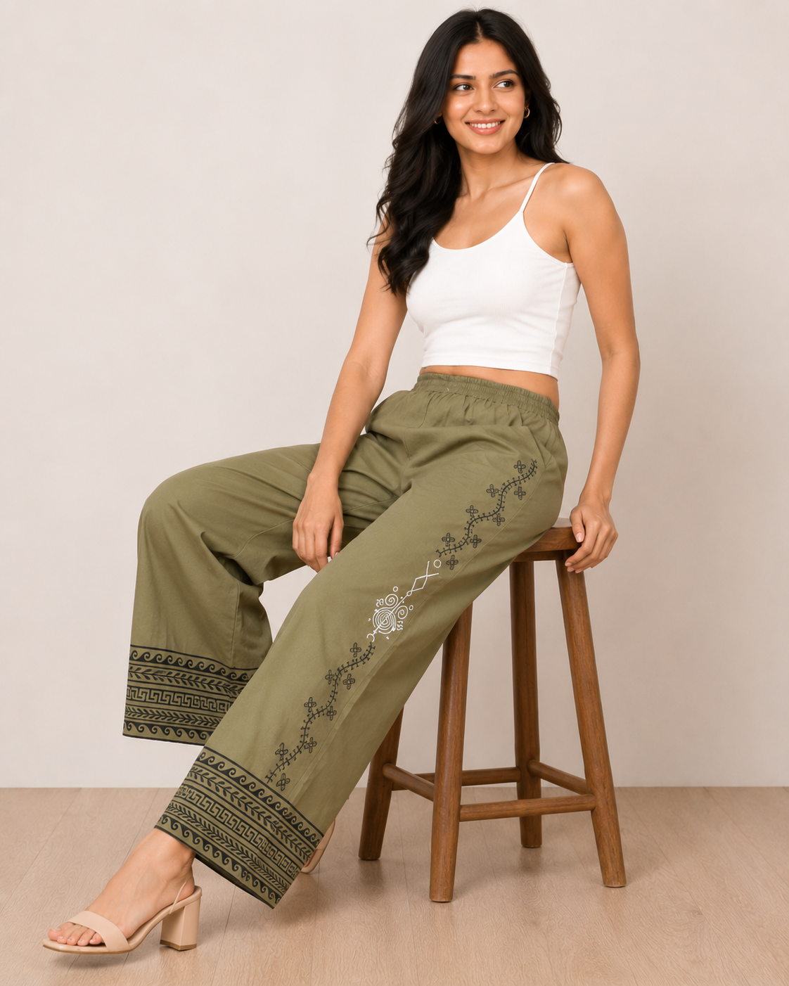 Olive Green Cotton Printed Pant