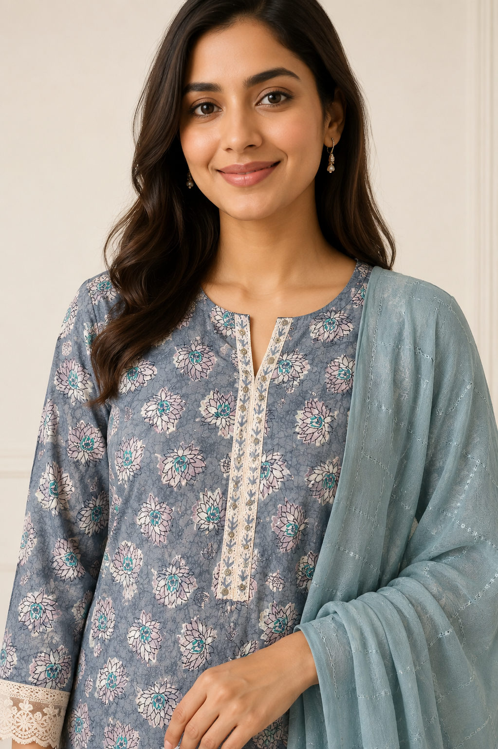 Ashvastra Gulabo Neel Floral Cotton Suit Set - Detail & Fabric Shot