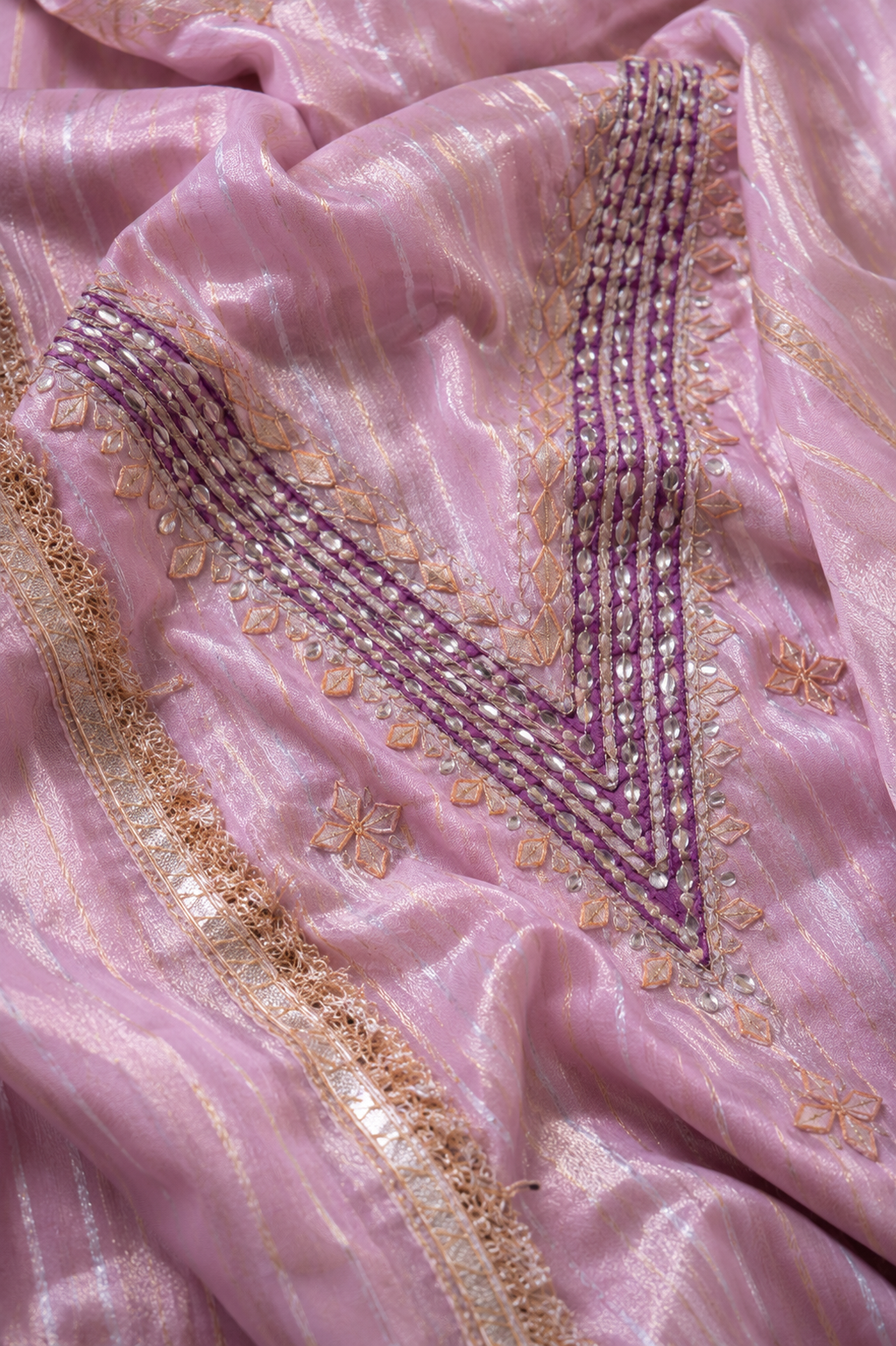 Ashvastra Meher Gota Patti Hand Embroidered Unstitched Suit Set (Blush Pink) - Full Length Look