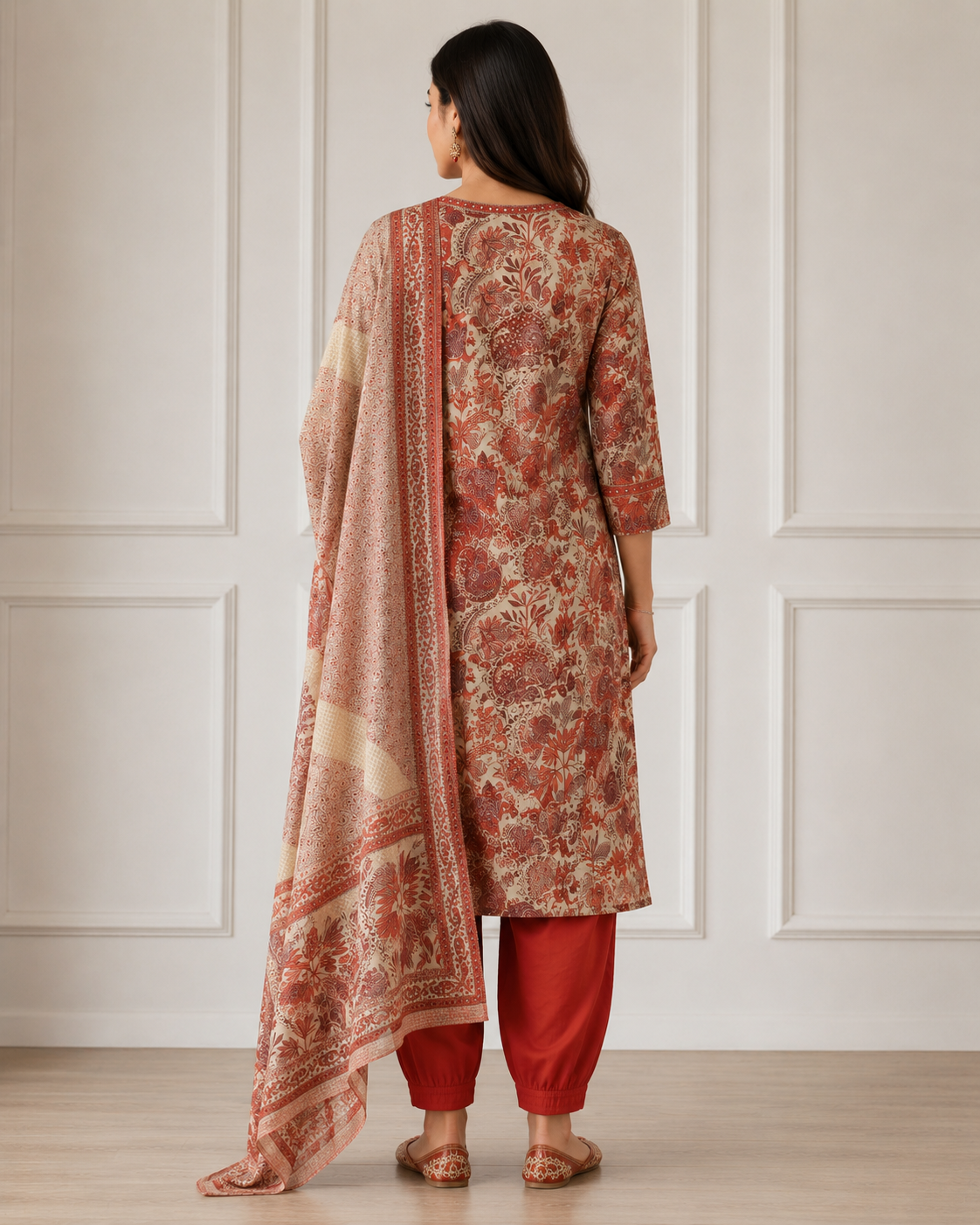 Ashvastra Gulnaar Rust Cotton Suit Set - Detail & Fabric Shot