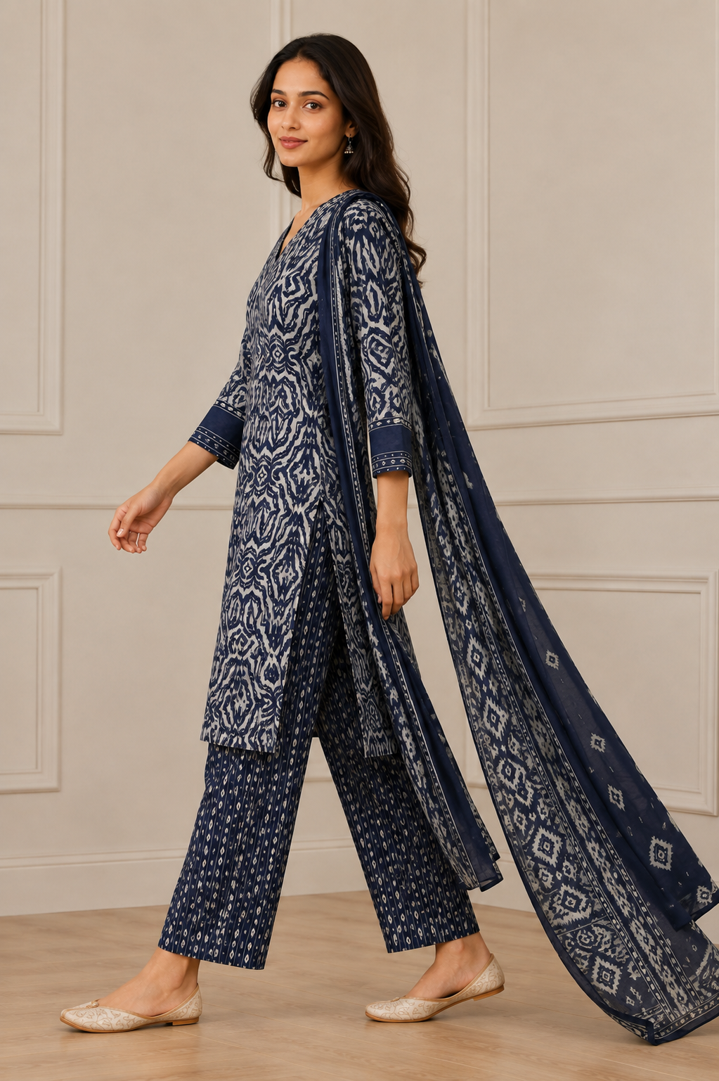 Ashvastra Neel Rang Indigo Printed Suit Set - Detail & Fabric Shot