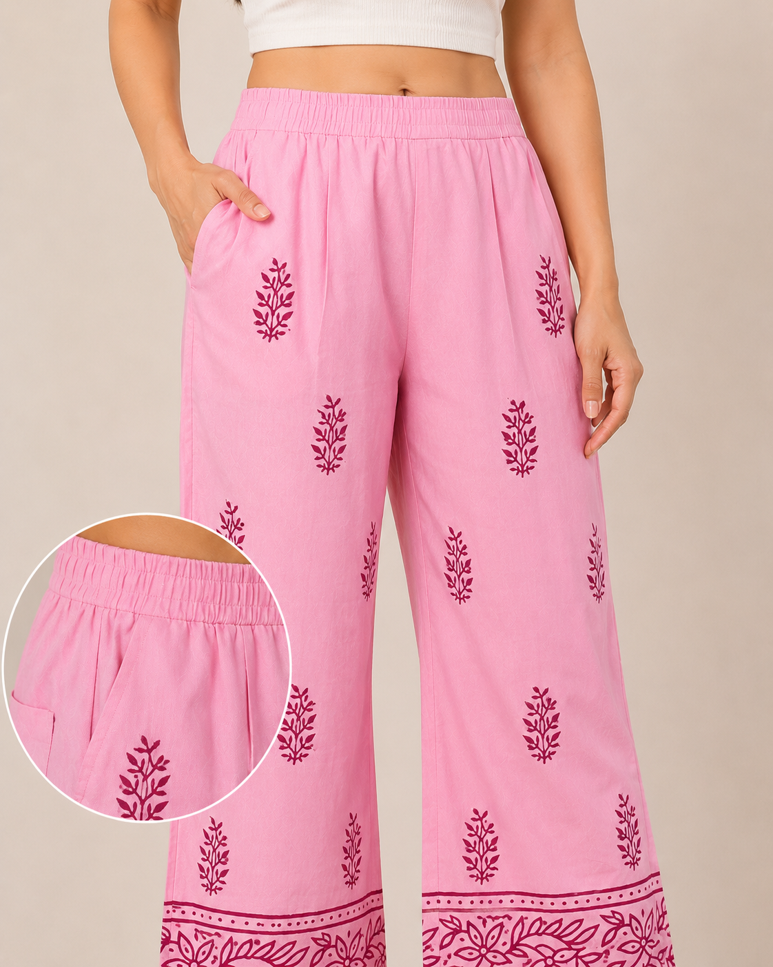 Baby Pink Cotton Printed Pant