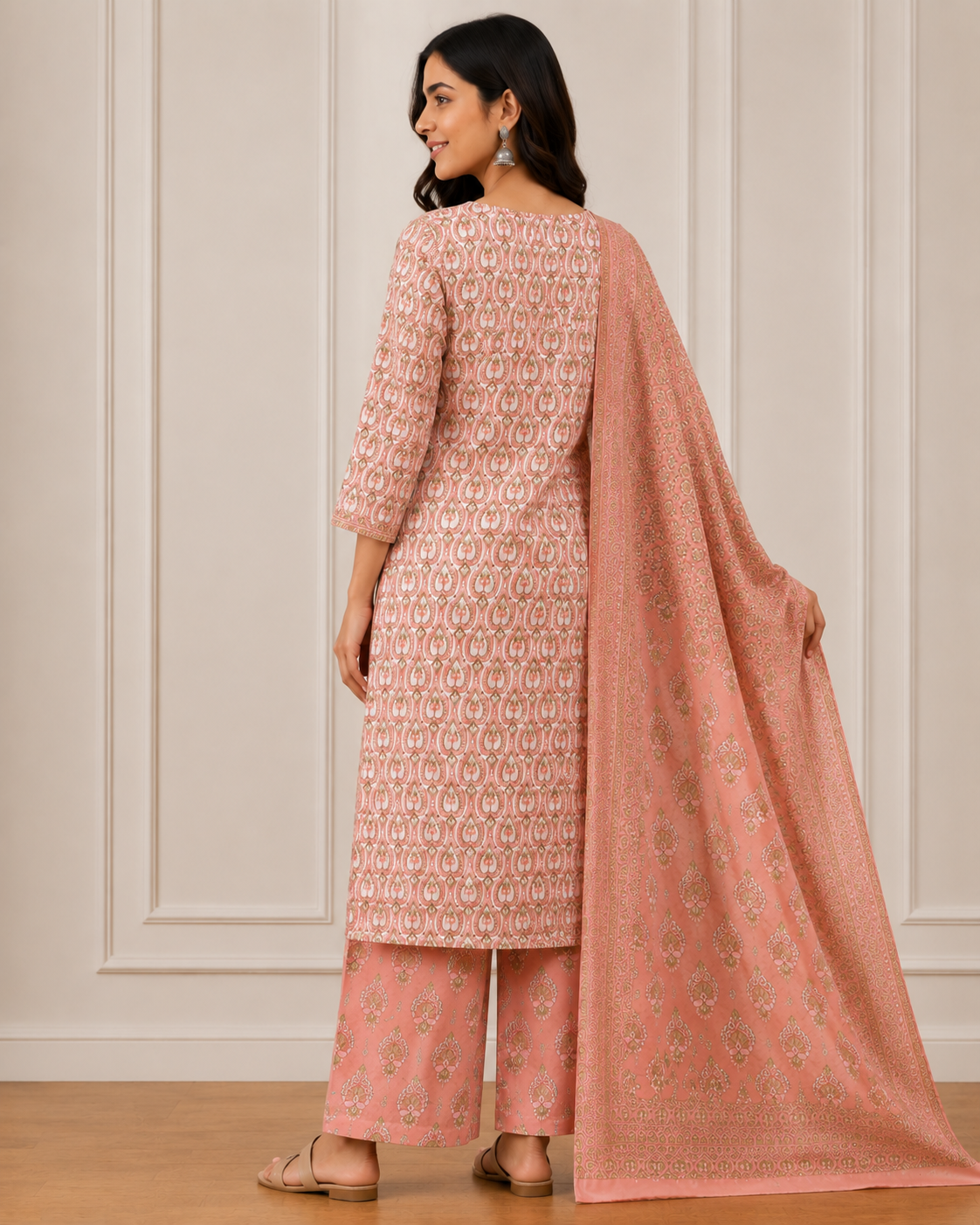 Ashvastra Gulnaar Peach Cotton Set - Side Profile & Fit