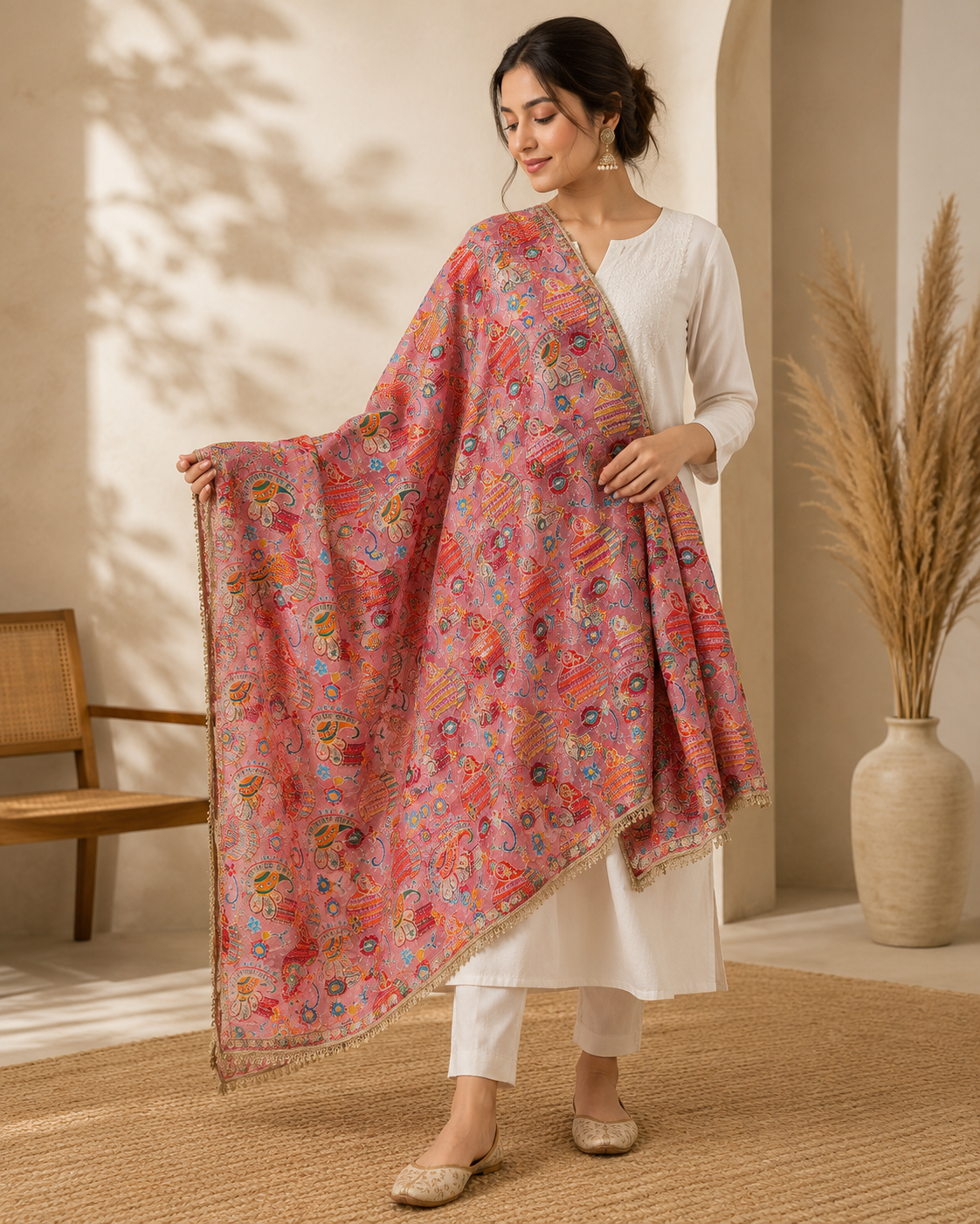 Ashvastra Gulabi Rangrez Pink Printed Dupatta - Detail & Fabric Shot