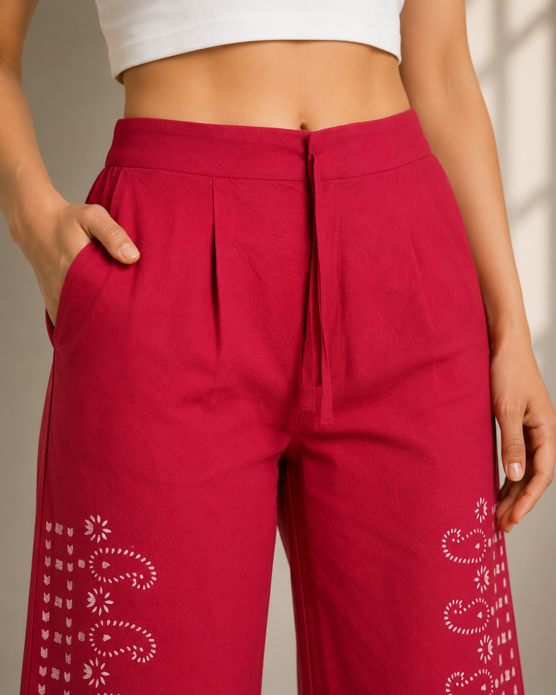 Dark Pink Cotton Printed Pants
