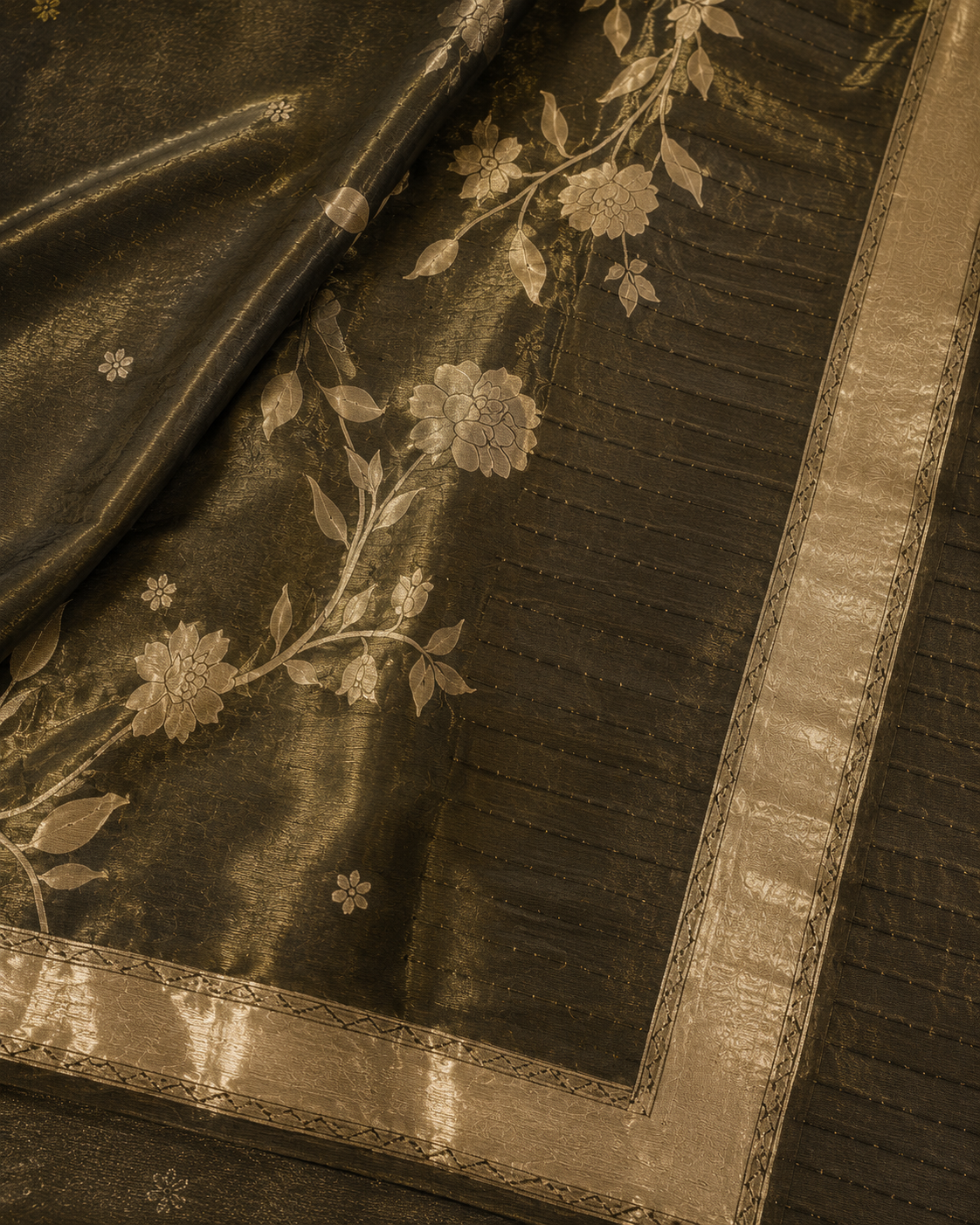 Ashvastra Rajwada Olive Floral Dupatta - Close-up View