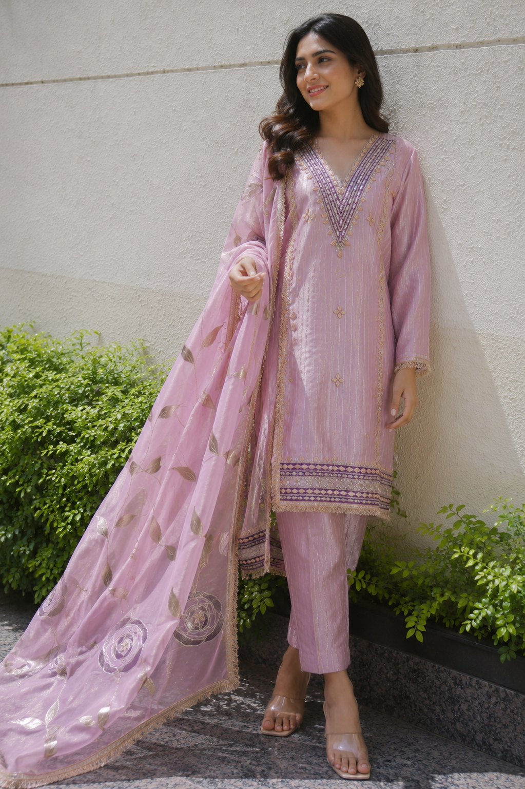 Ashvastra Meher Gota Patti Hand Embroidered Unstitched Suit Set (Blush Pink) - Detail & Fabric Shot