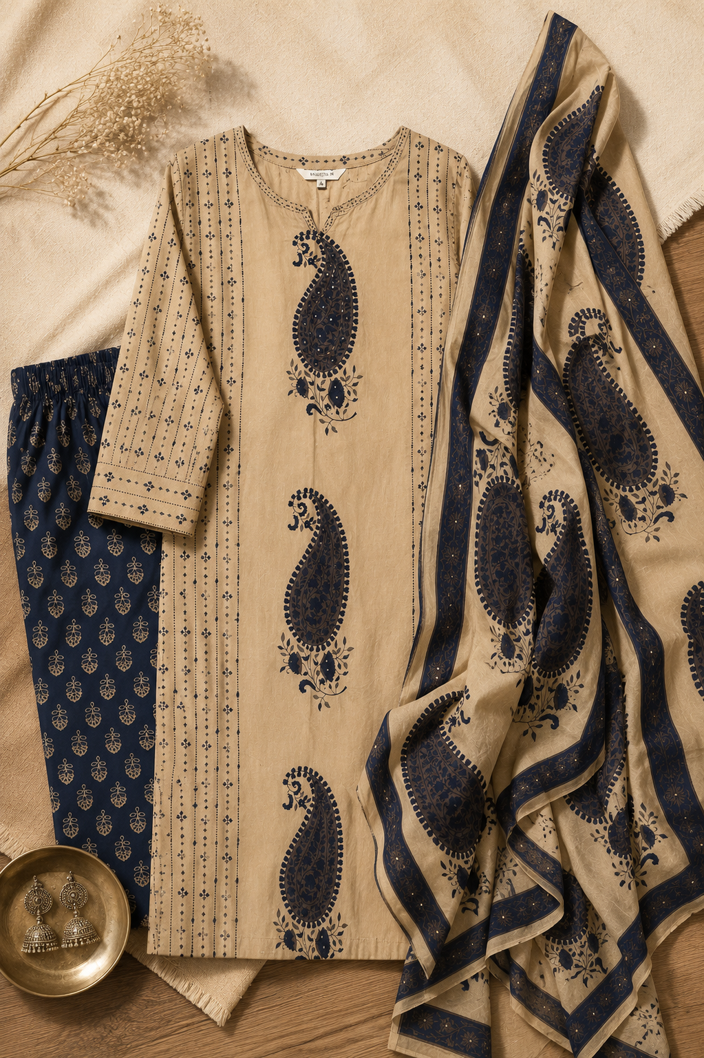 Ashvastra Neel Kairi Cotton Suit Set - Close-up View