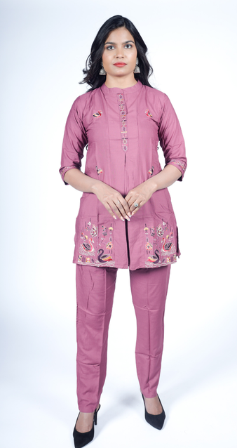 Mauve Straight Kurta with Intricate Swan & Floral Embroidery Paired with Matching Pants