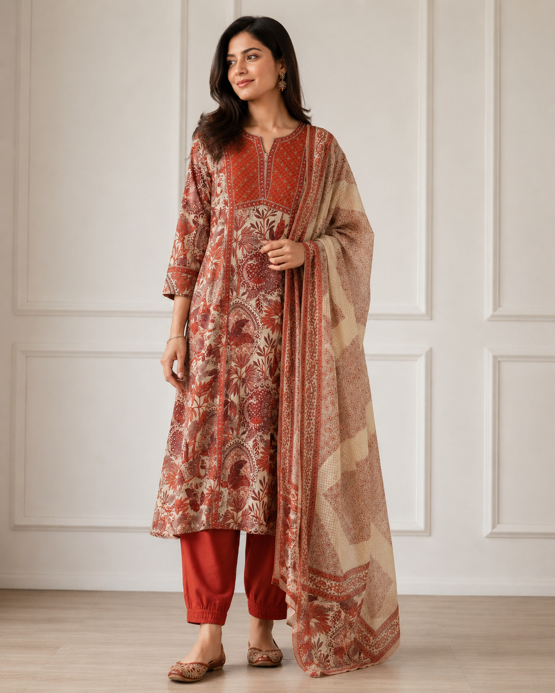 Ashvastra Gulnaar Rust Cotton Suit Set - Back View