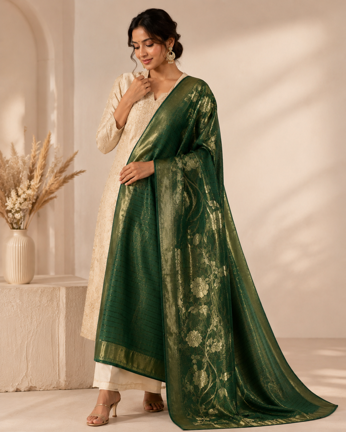 Ashvastra Rajwada Green Floral Woven Dupatta - Front View