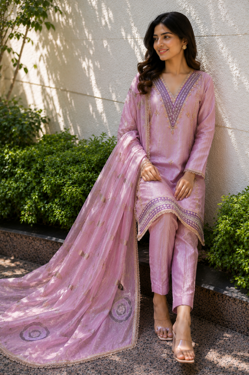 Ashvastra Meher Gota Patti Hand Embroidered Unstitched Suit Set (Blush Pink) - Side Profile & Fit
