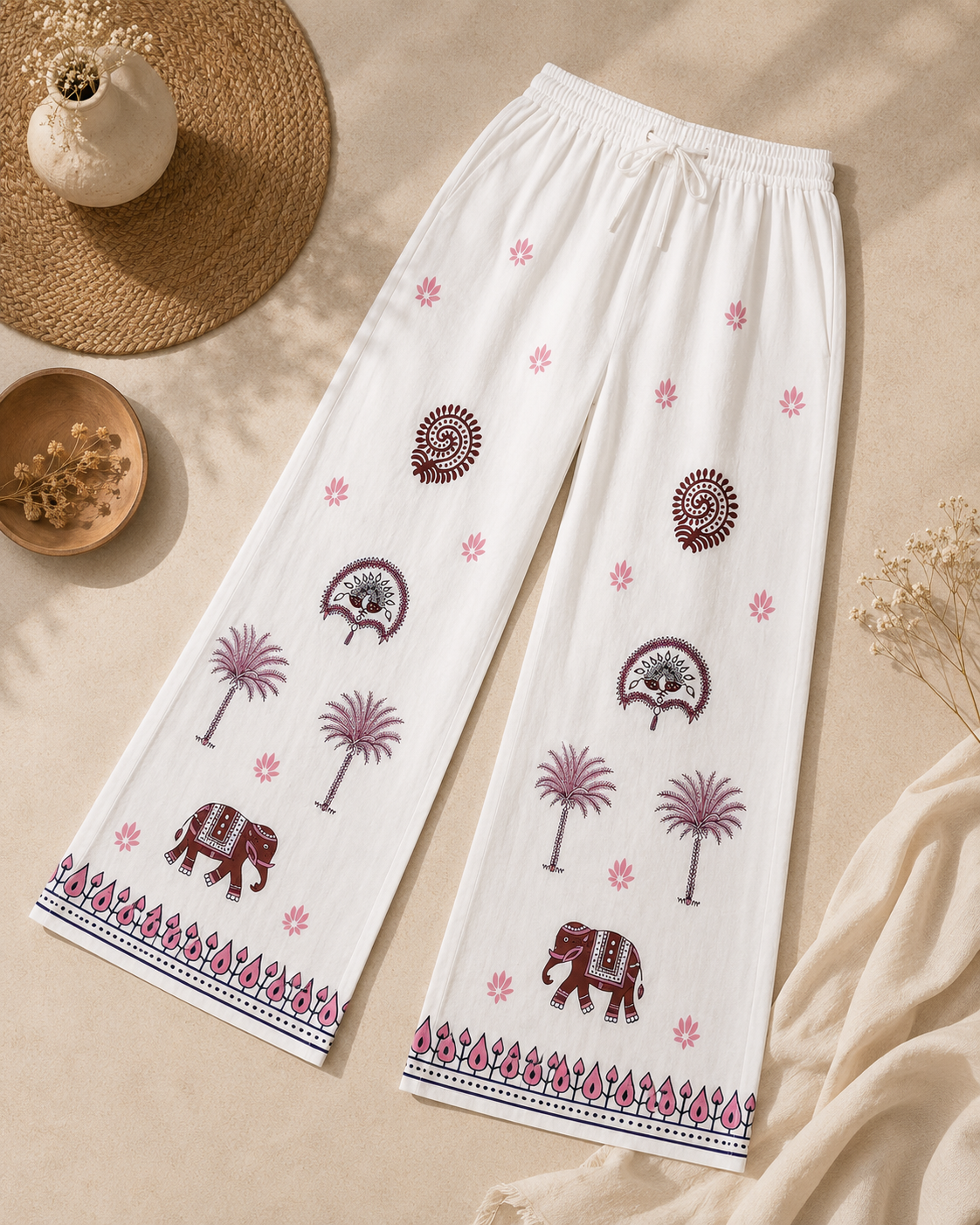 White Ethnic Print Cotton Pant