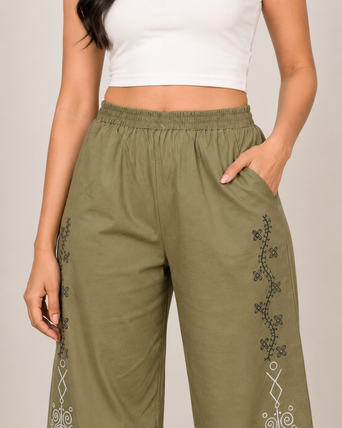 Olive Green Cotton Printed Pant