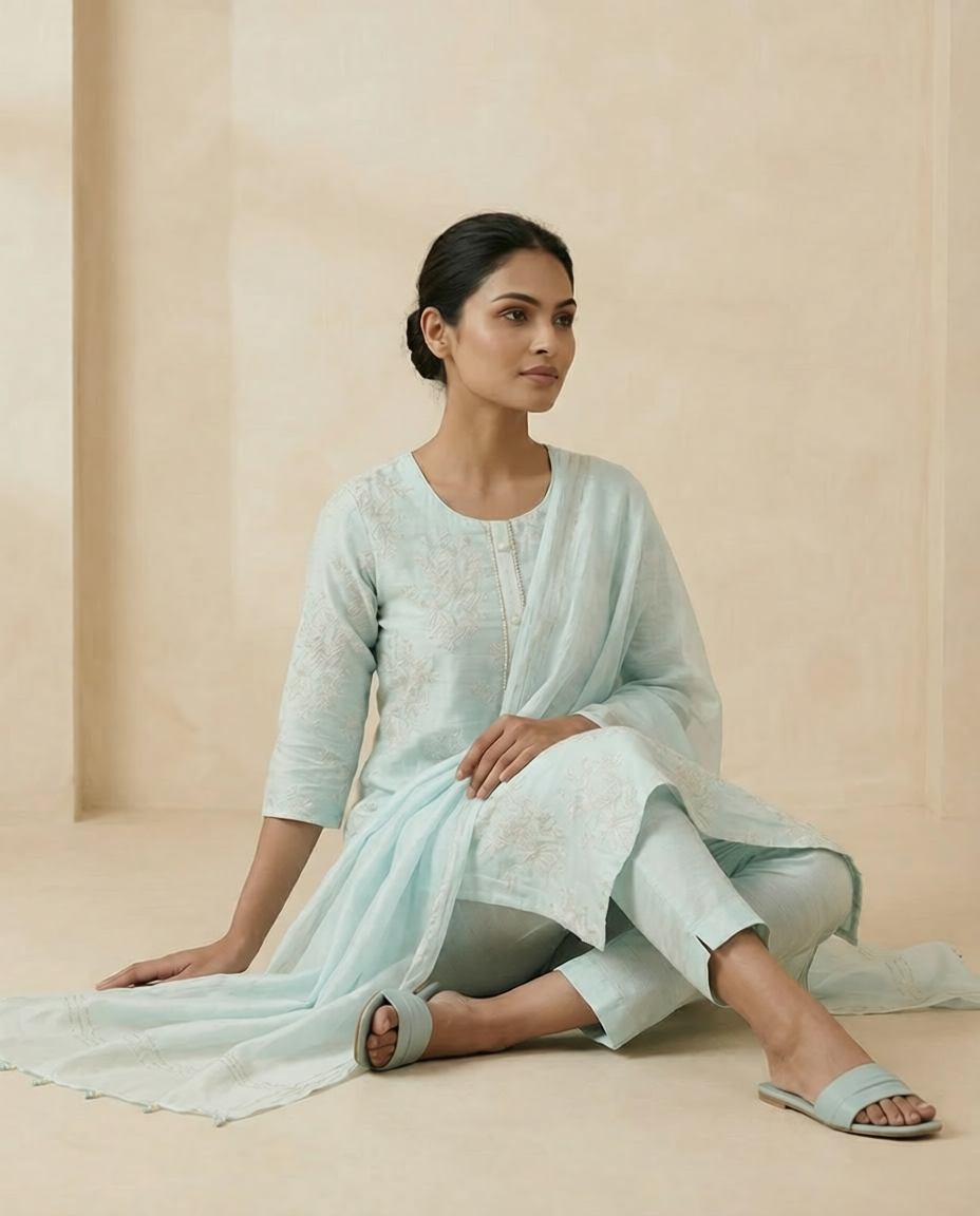 Light Aqua Blue Jacquard Kurti, Pant & Dupatta Set – Premium Ethnic Wear for Women