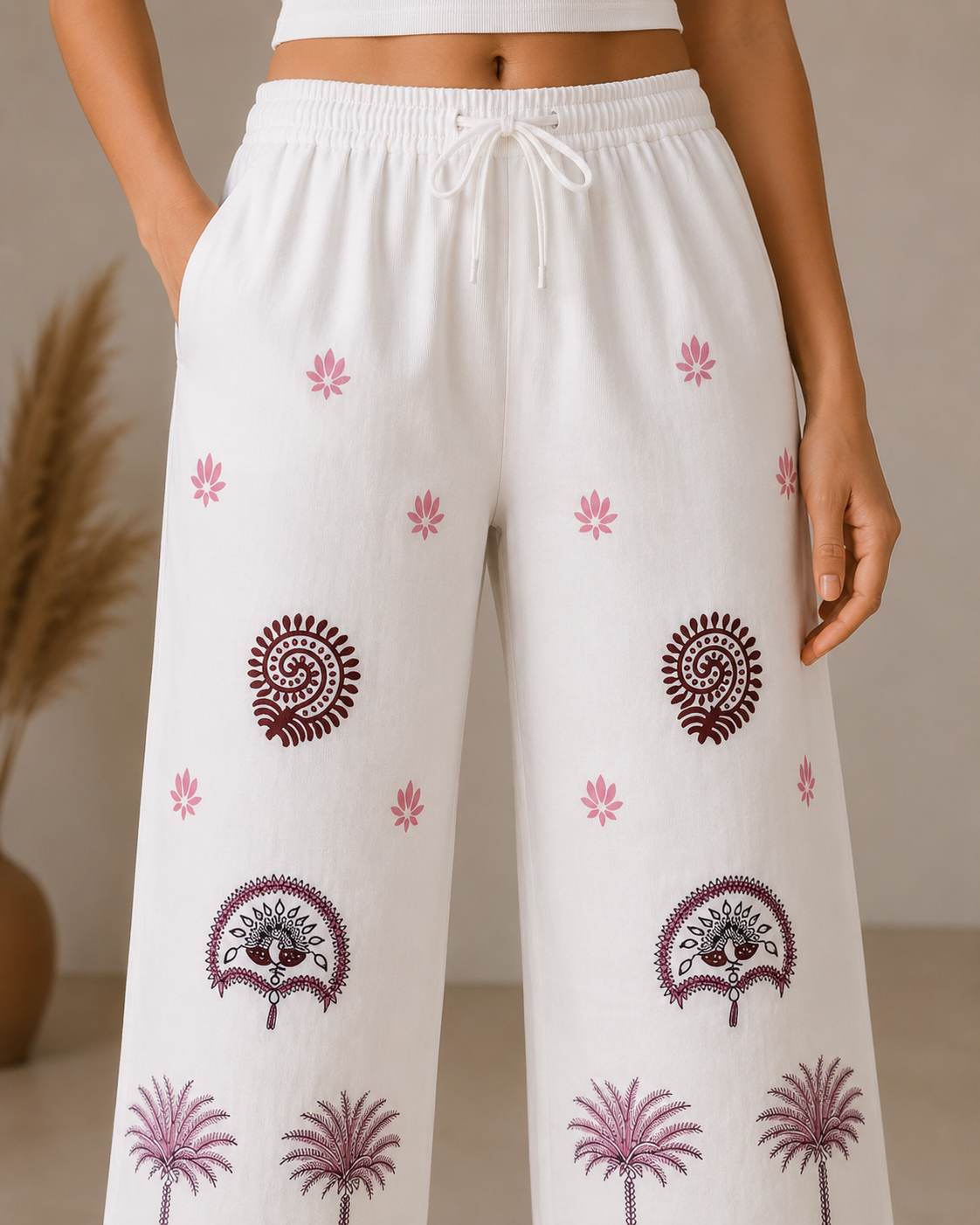 White Ethnic Print Cotton Pant