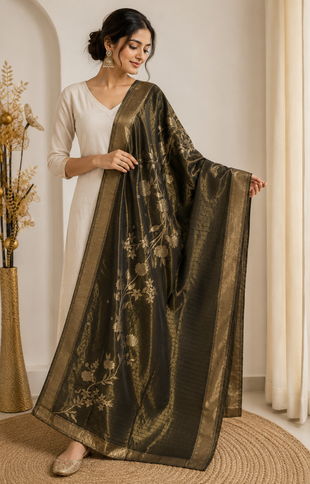 Ashvastra Rajwada Olive Floral Dupatta - Detail & Fabric Shot