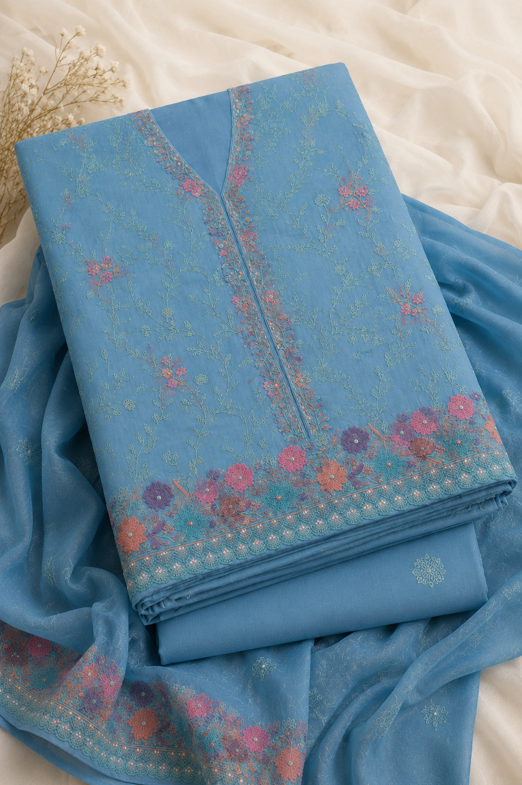Gulnaar Ruby Red Vine Embroidered Unstitched Suit Set