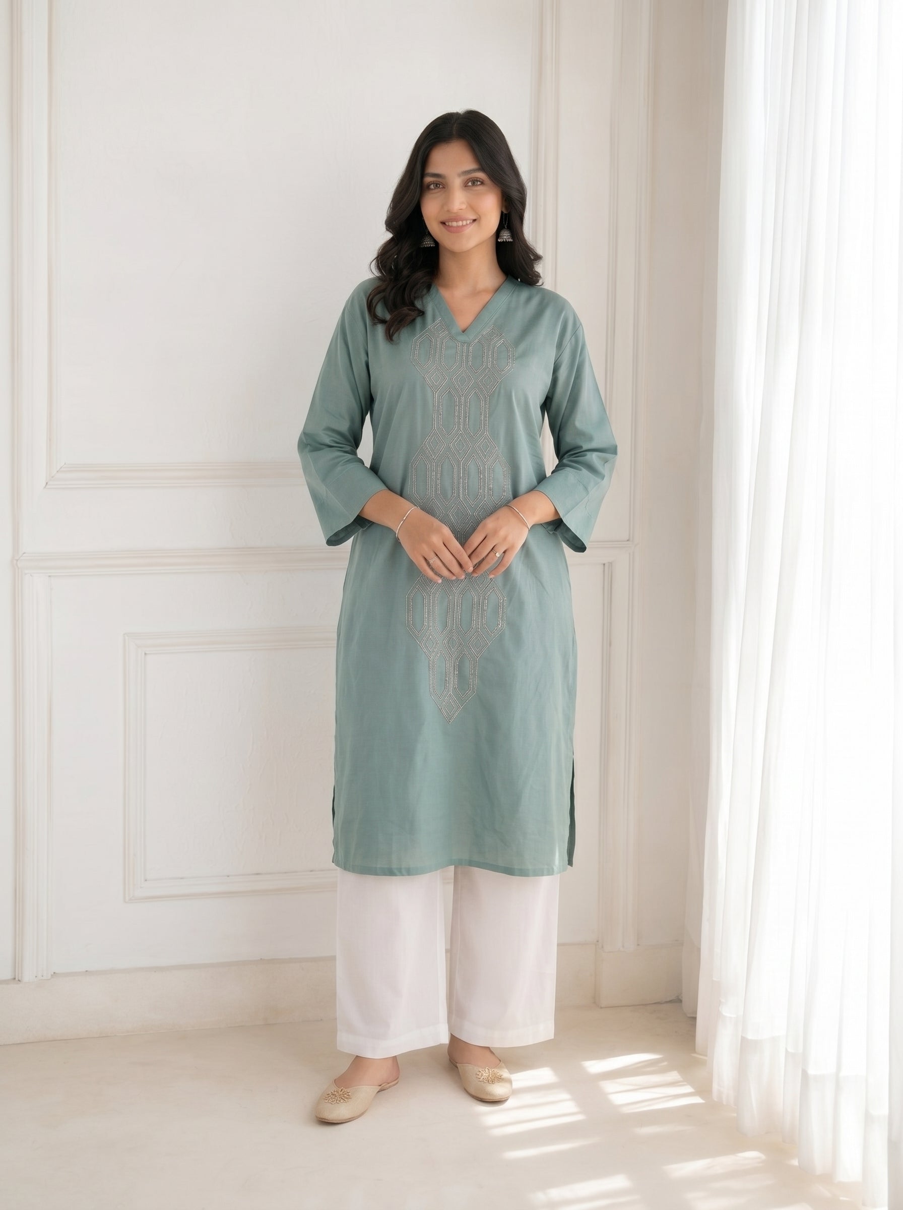 Mehkati Light Blue Zari Silk Cotton Cord-ord Set