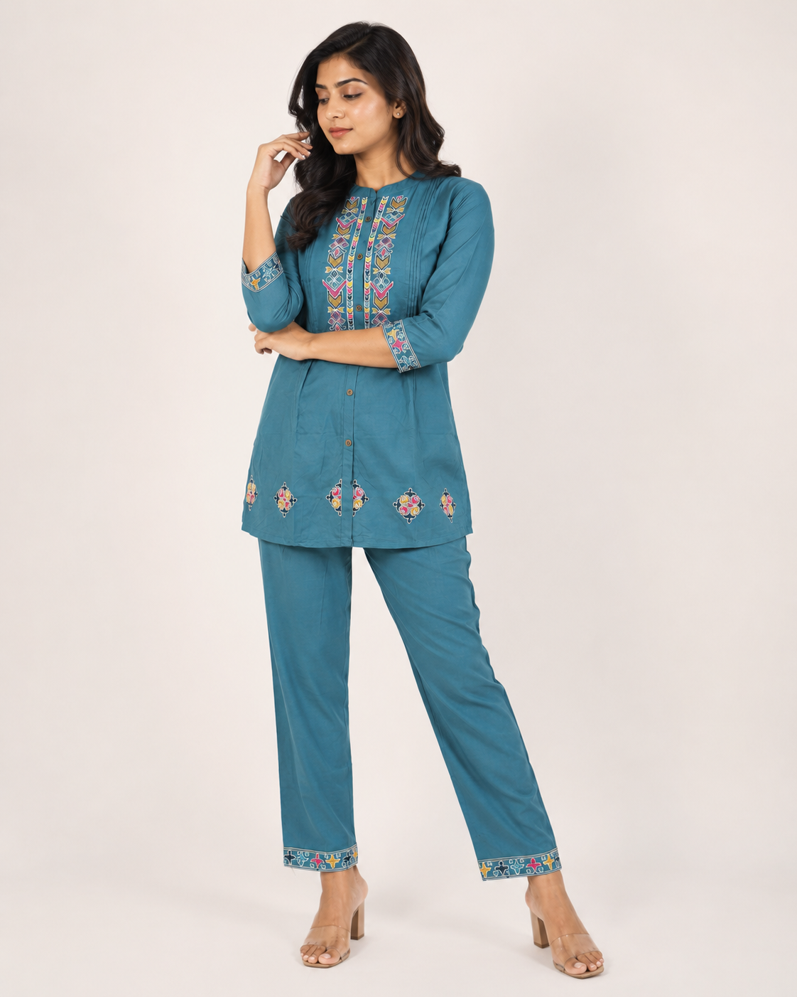 Ashvastra Teal Co-Ord Set with Thread Embroidery - Front View