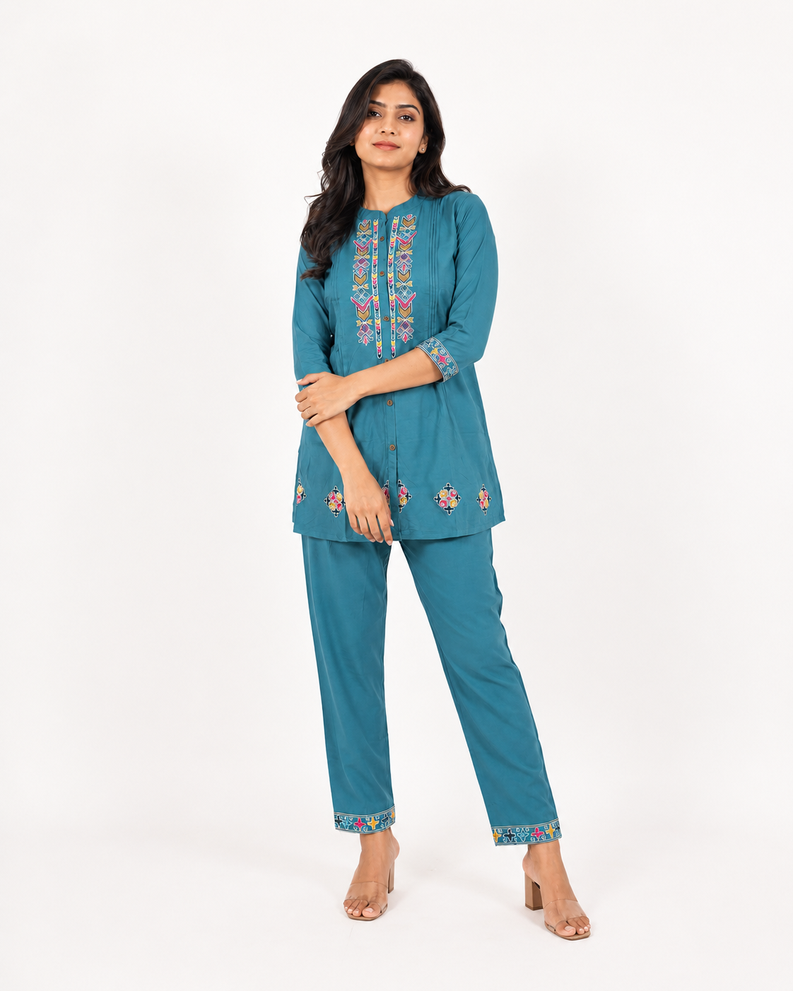 Ashvastra Teal Co-Ord Set with Thread Embroidery - Detail & Fabric Shot