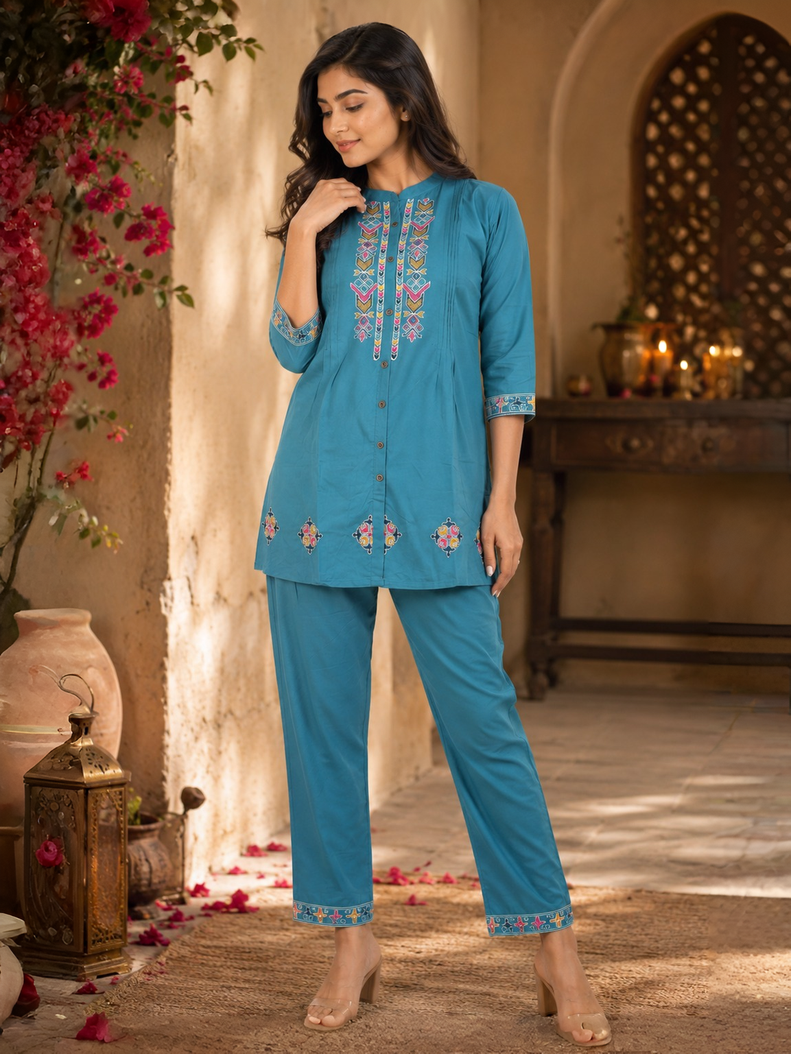 Ashvastra Teal Co-Ord Set with Thread Embroidery - Back View