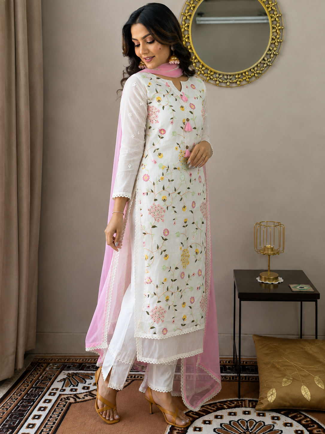 Gulbahar White Floral Embroidered Kurta Set with Dupatta