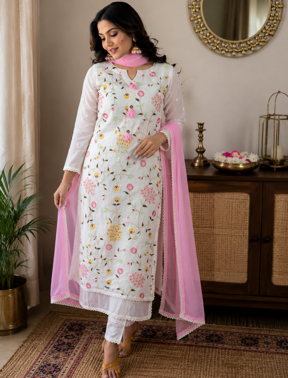 Gulbahar White Floral Embroidered Kurta Set with Dupatta