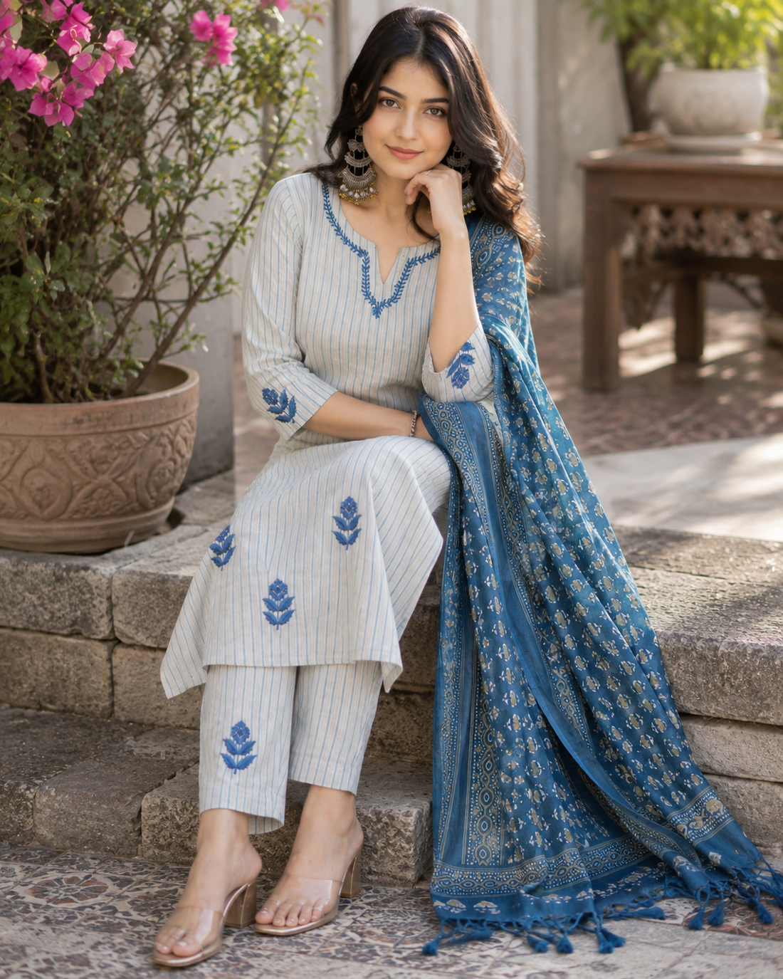 Ashvastra Neelkamal Grey Embroidered Kurta Set with Dupatta - Front View
