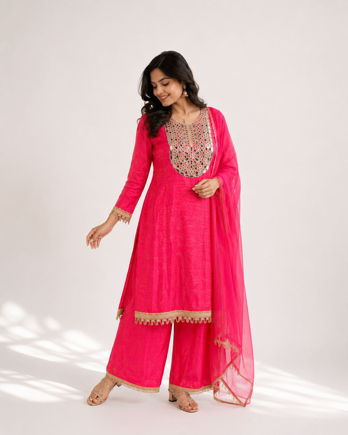 Noor Banarasi Mirror Work Unstitched Suit Set with Silk Dupatta