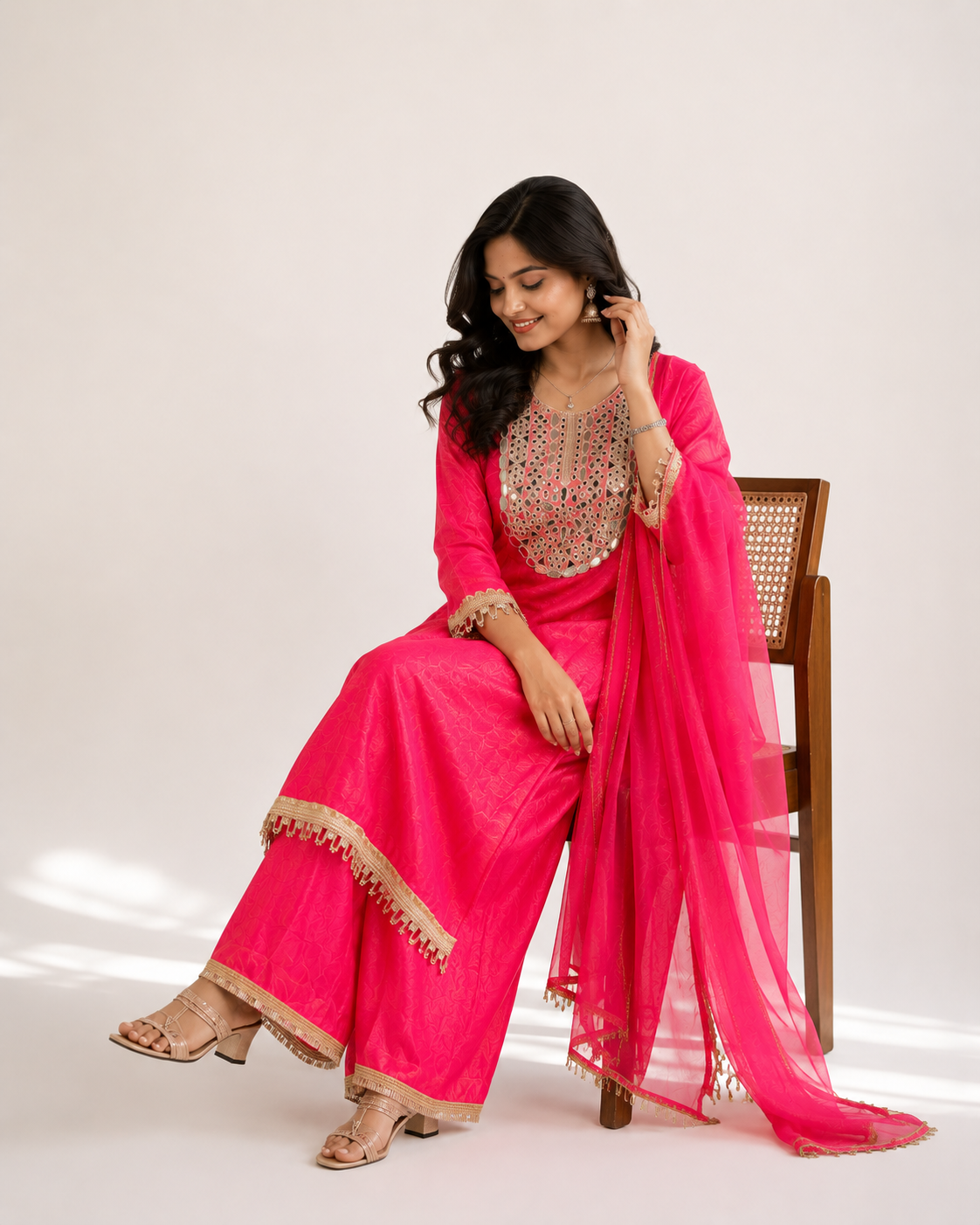 Noor Banarasi Mirror Work Unstitched Suit Set with Silk Dupatta