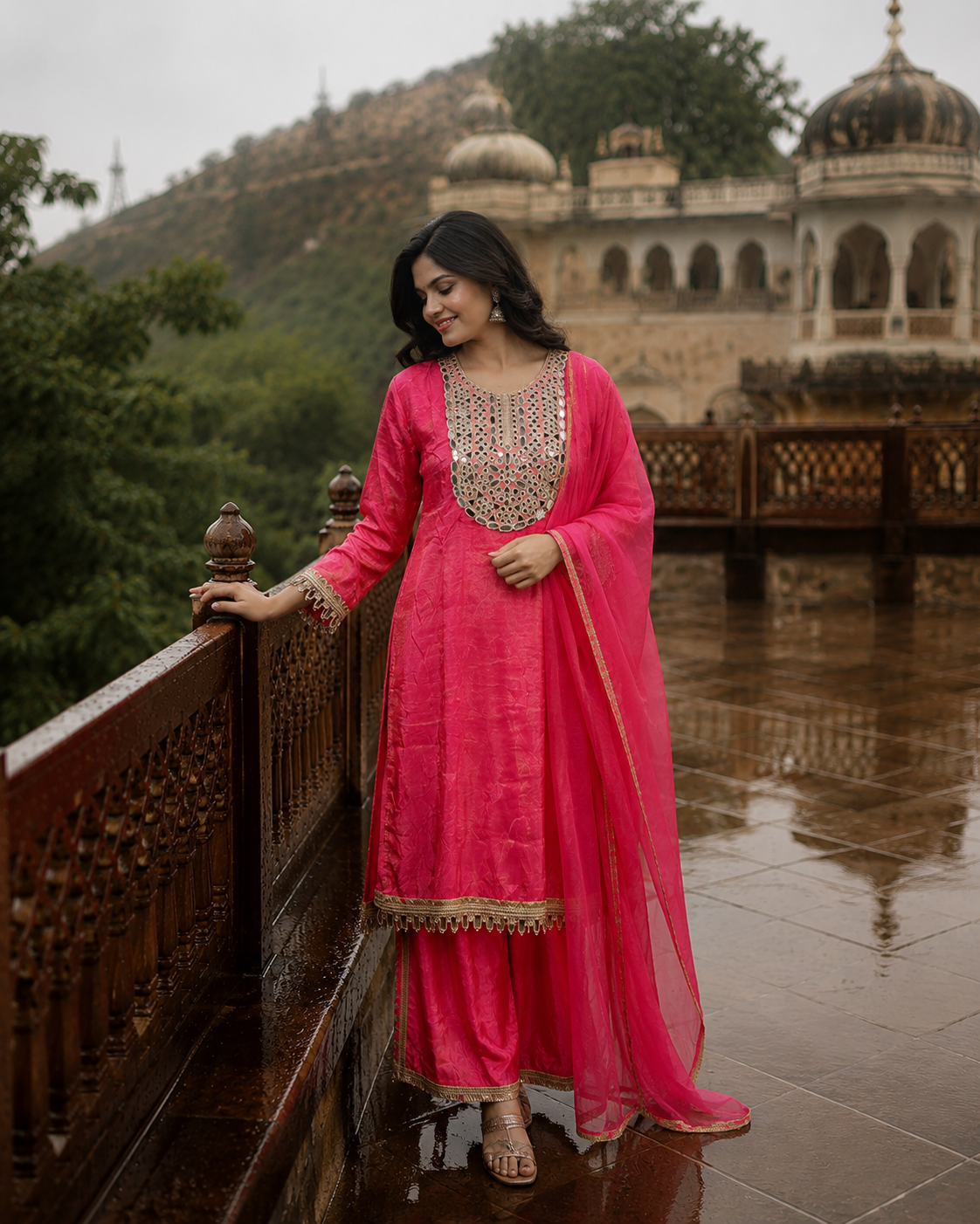 Noor Banarasi Mirror Work Unstitched Suit Set with Silk Dupatta