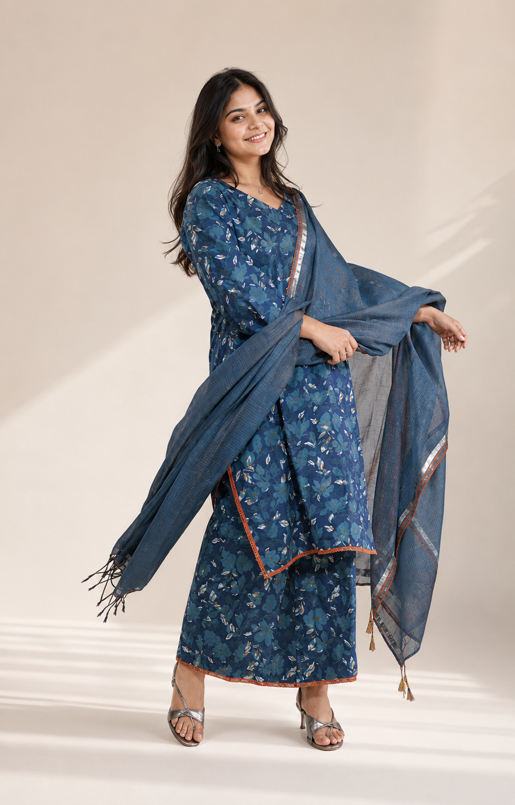 Aquamarine Floral Cotton Unstitched Suit Set with Kota Dori Dupatta