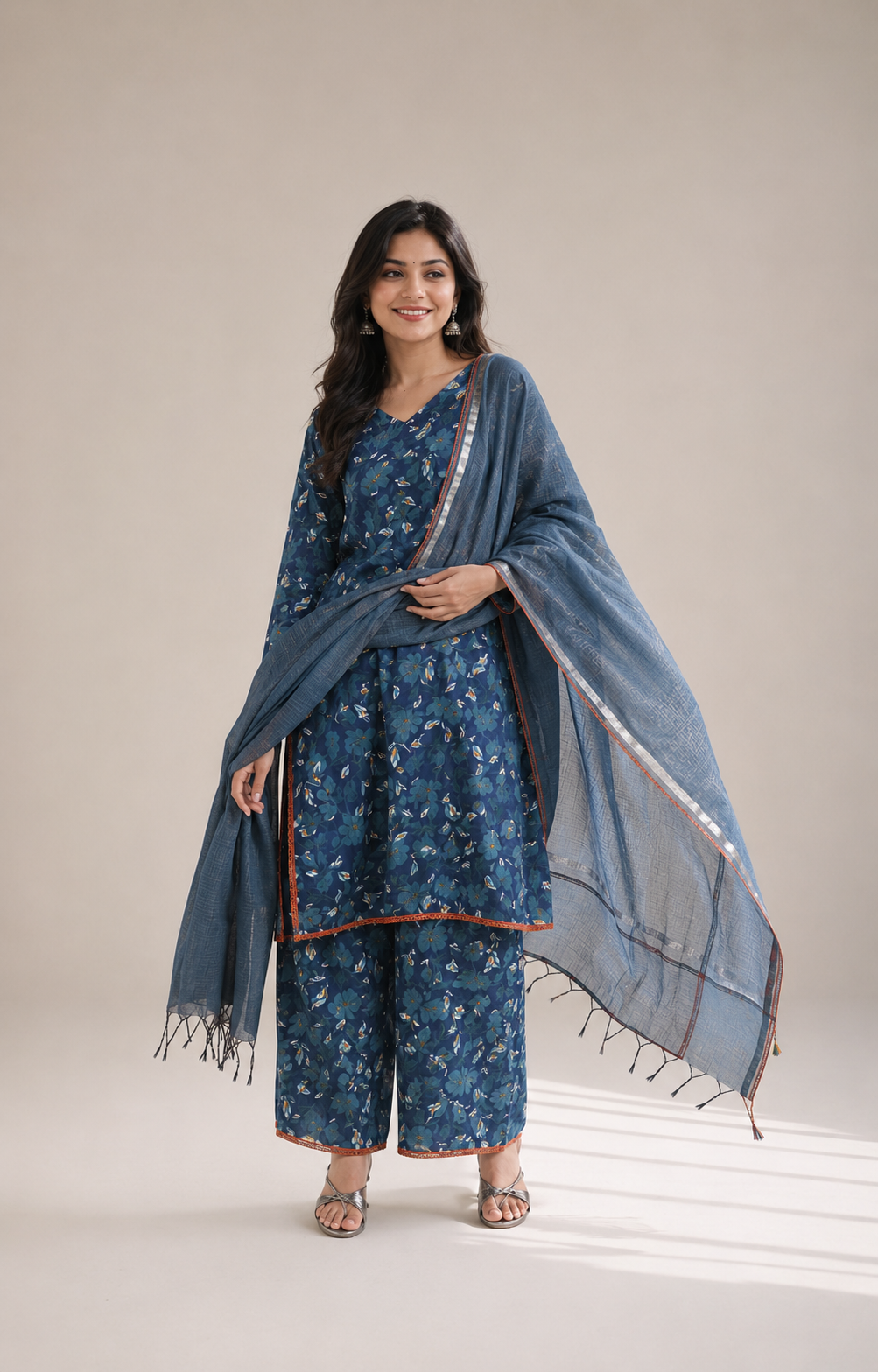 Aquamarine Floral Cotton Unstitched Suit Set with Kota Dori Dupatta