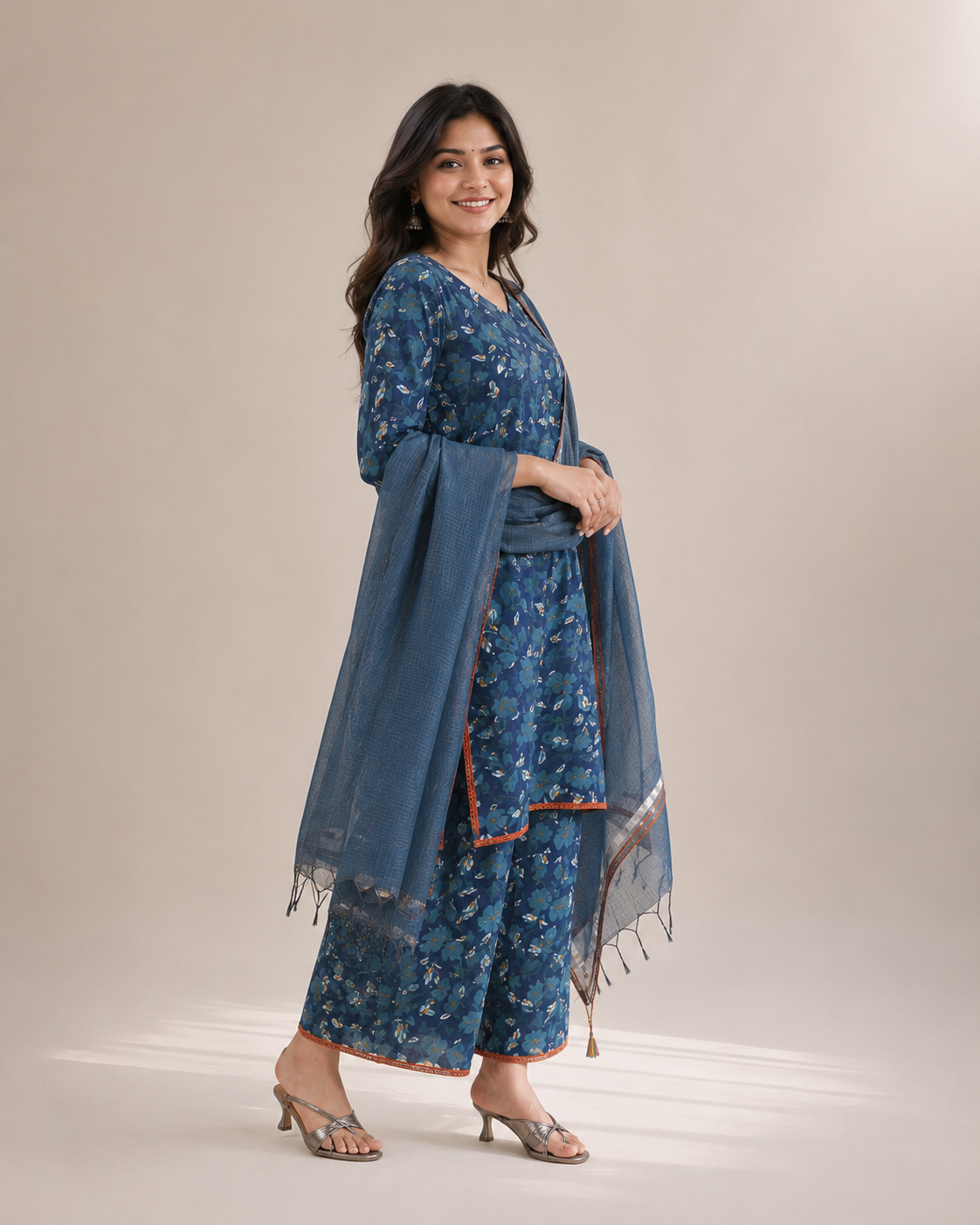 Aquamarine Floral Cotton Unstitched Suit Set with Kota Dori Dupatta