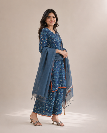 Aquamarine Floral Cotton Unstitched Suit Set with Kota Dori Dupatta