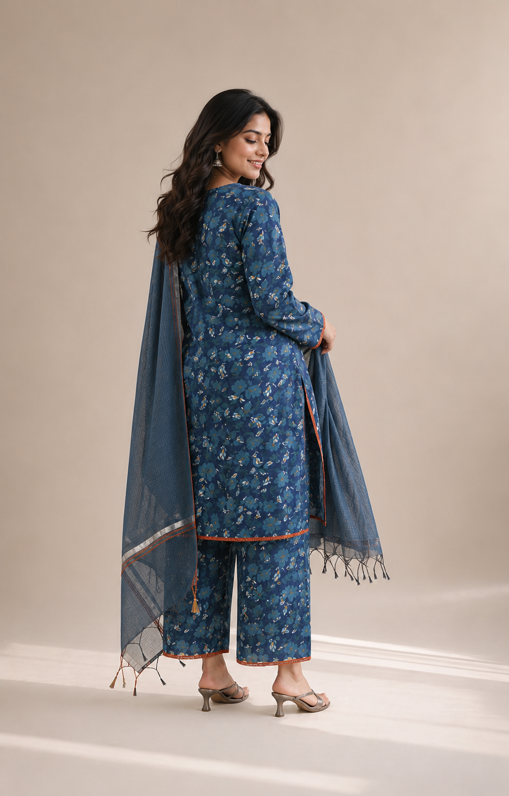 Aquamarine Floral Cotton Unstitched Suit Set with Kota Dori Dupatta