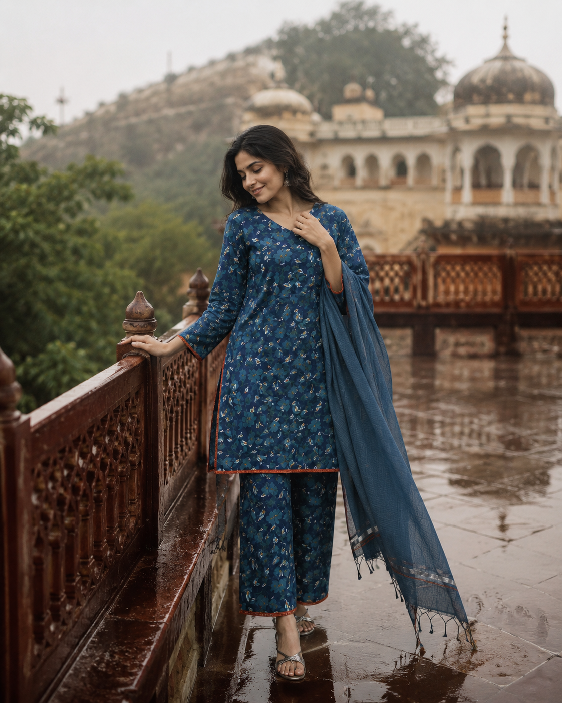 Aquamarine Floral Cotton Unstitched Suit Set with Kota Dori Dupatta