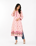 Pink Long Cotton Kurti with laces on boundary