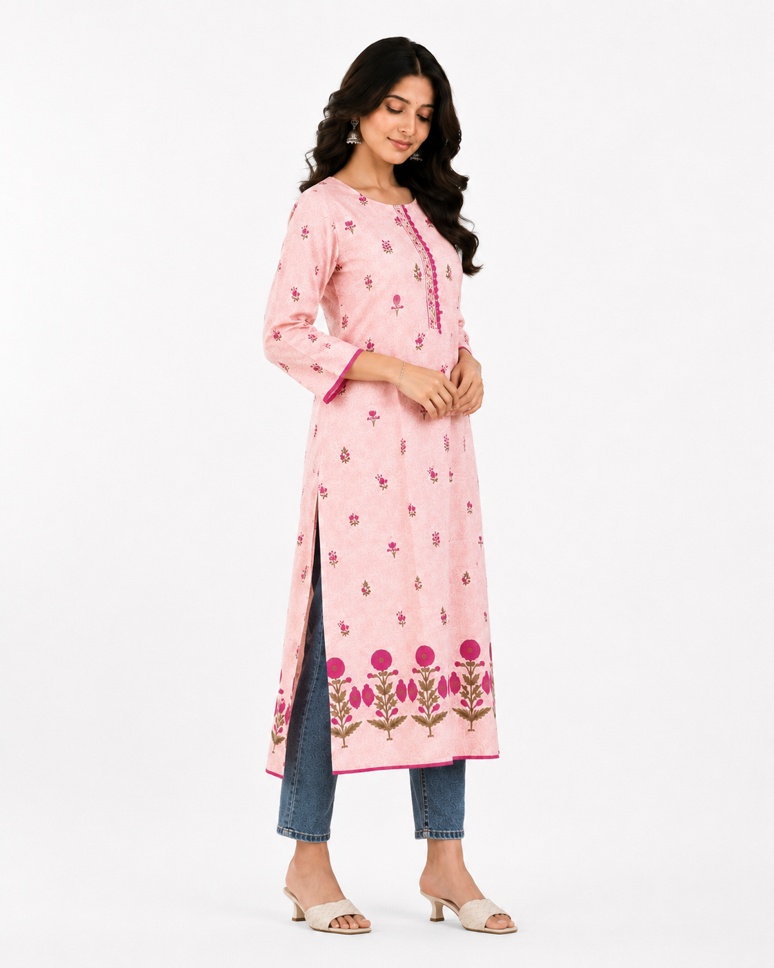 Pink Long Cotton Kurti with laces on boundary